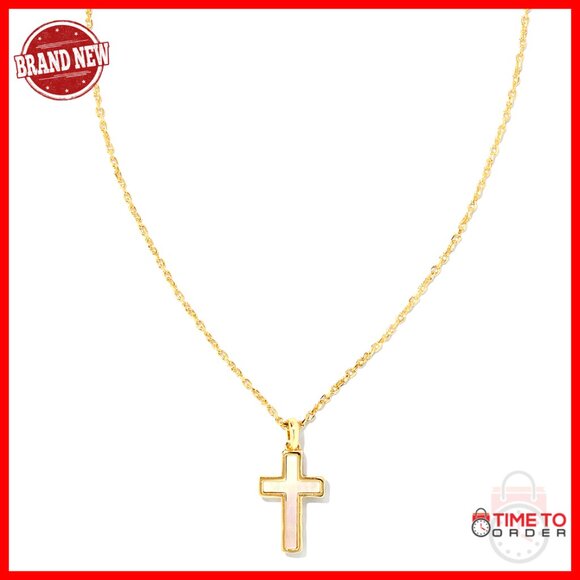 Gold Plated Cross Pendant Necklace with Mother of Pearl 19 Inch Chain